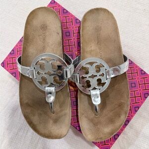 Gently used Tory Burch Miller Cloud Mirror Sandals – Size 7 (Silver/Natural)